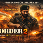 Sunny Deol Border 2 as an Indian Army officer in Border 2 movie poster featuring intense battlefield action, explosions, tanks, helicopters, and patriotic war visuals.