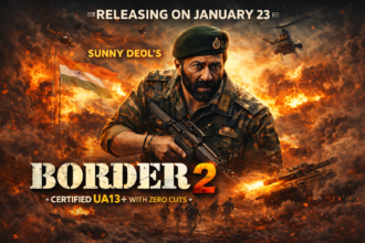 Sunny Deol Border 2 as an Indian Army officer in Border 2 movie poster featuring intense battlefield action, explosions, tanks, helicopters, and patriotic war visuals.
