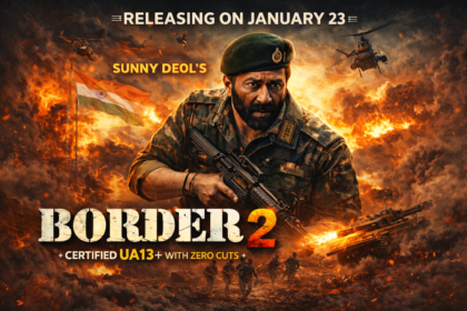 Sunny Deol Border 2 as an Indian Army officer in Border 2 movie poster featuring intense battlefield action, explosions, tanks, helicopters, and patriotic war visuals.