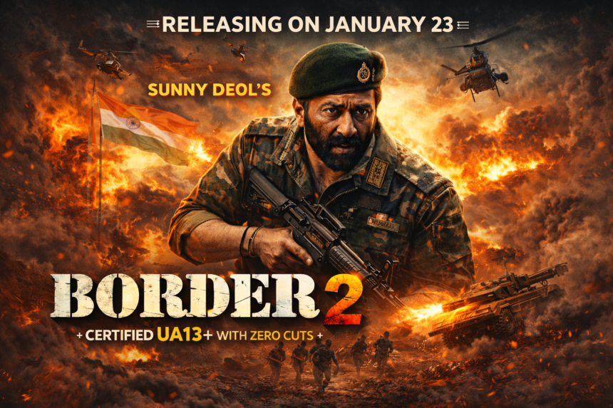 Sunny Deol Border 2 as an Indian Army officer in Border 2 movie poster featuring intense battlefield action, explosions, tanks, helicopters, and patriotic war visuals.