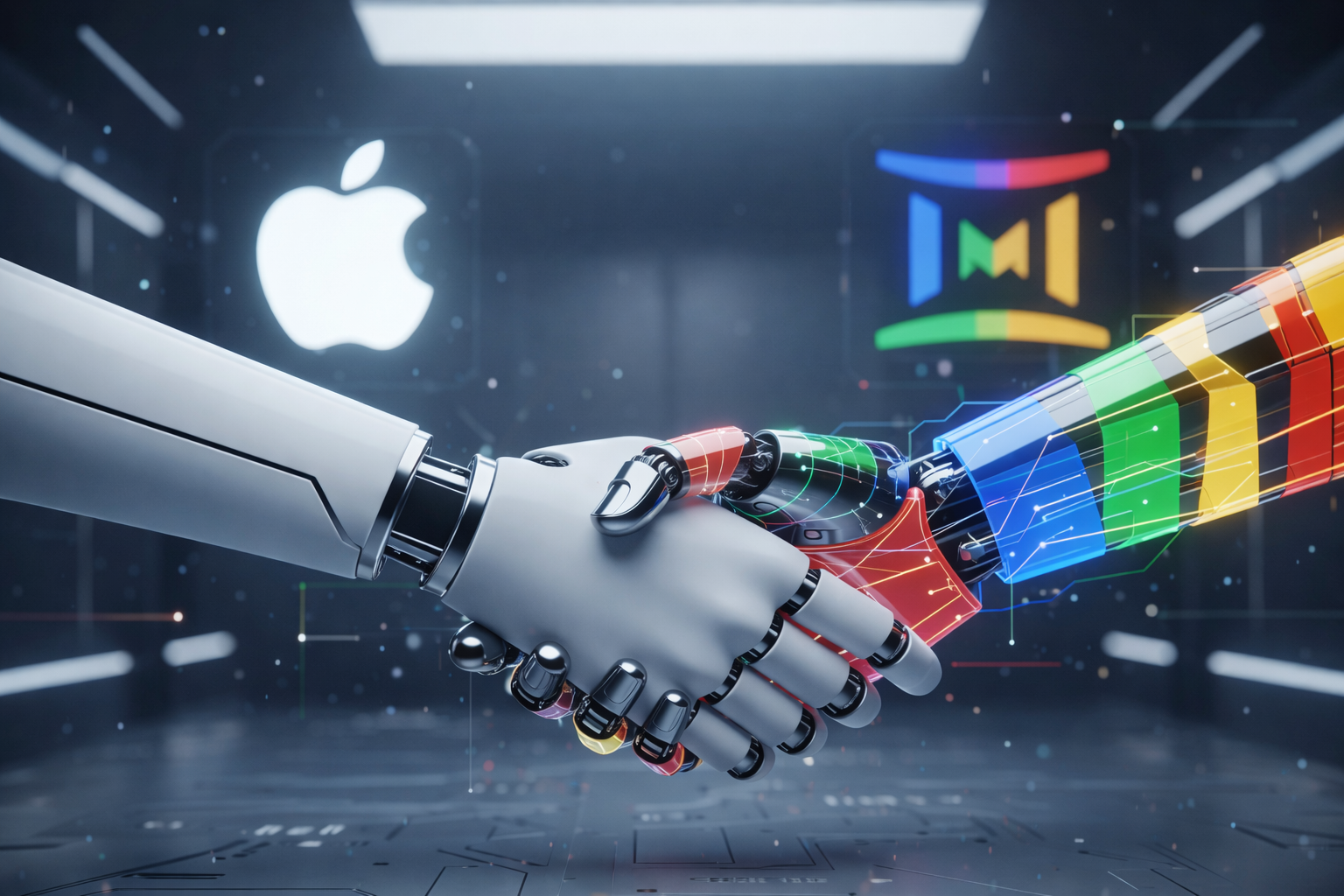 Apple Google Gemini AI Siri Upgrade shown as robotic handshake symbolizing AI partnership