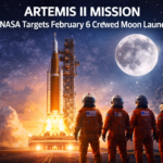 NASA Artemis II mission crewed mission prepares for February 6 Moon launch with astronauts standing before the SLS rocket under a glowing full Moon