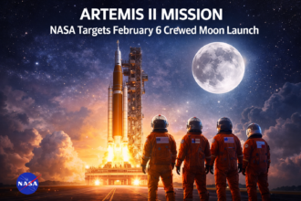 NASA Artemis II mission crewed mission prepares for February 6 Moon launch with astronauts standing before the SLS rocket under a glowing full Moon