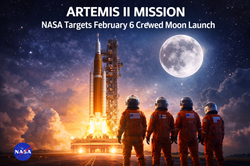 NASA Artemis II mission crewed mission prepares for February 6 Moon launch with astronauts standing before the SLS rocket under a glowing full Moon