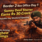 Sunny Deol in military gear pointing a rifle amid explosions with Indian flags in the background, celebrating Border 2 box office Rs 30 Crore opening.