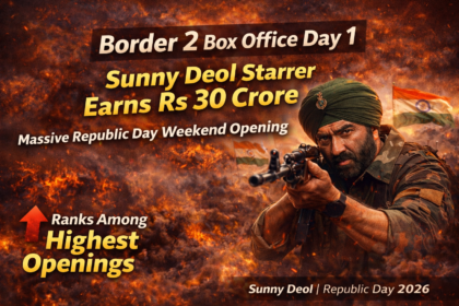 Sunny Deol in military gear pointing a rifle amid explosions with Indian flags in the background, celebrating Border 2 box office Rs 30 Crore opening.