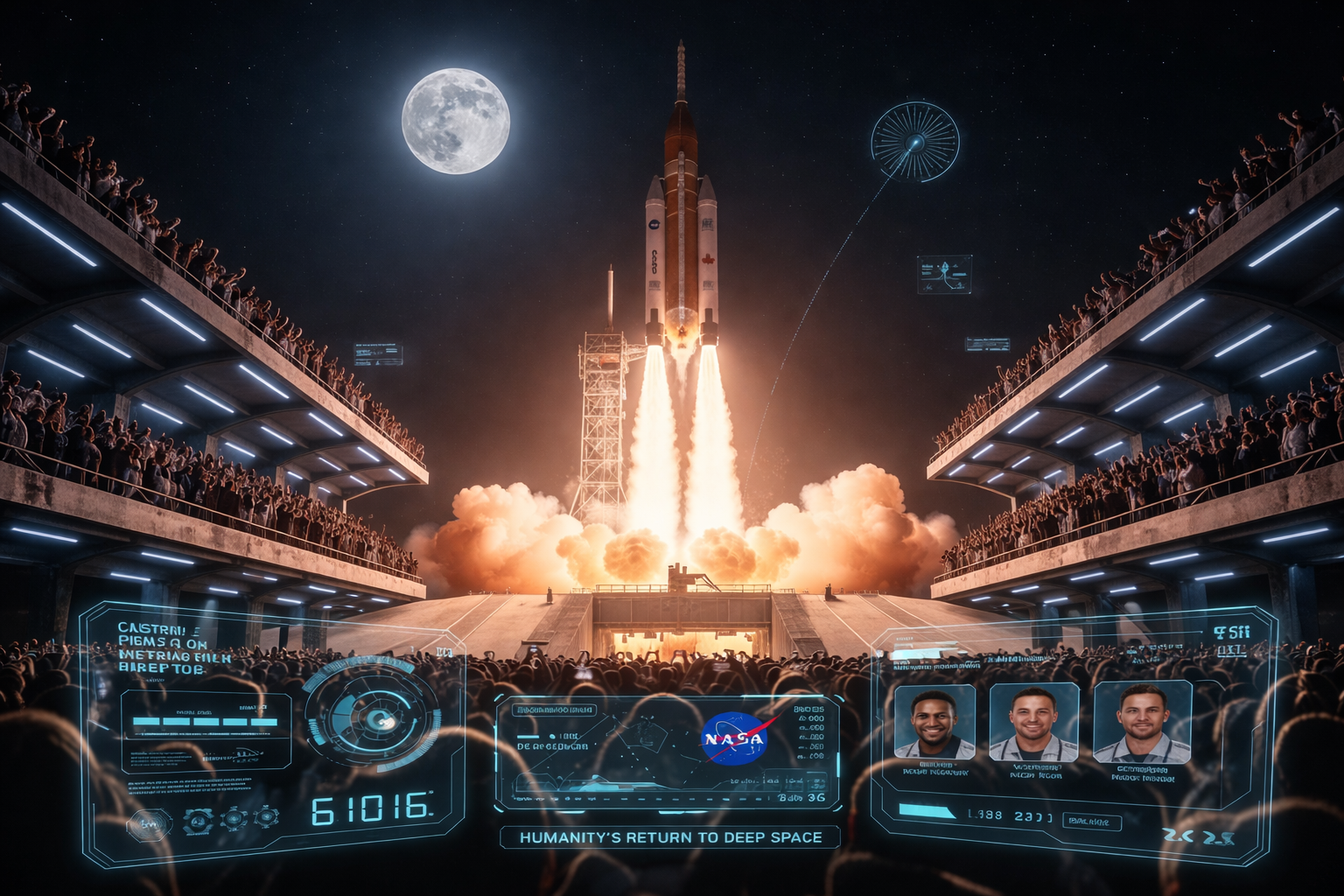 NASA Artemis II mission rocket launch lifting off toward the Moon, marking humanity’s return to deep space exploration in 2026.