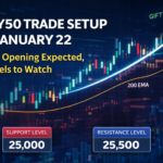 “NIFTY50 trade setup for January 22 showing a gap-up opening signal, 200 EMA trend line, key support at 25,000 and resistance at 25,500 with GIFT NIFTY gains highlighted.”