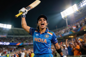 Pratika celebrates a historic moment for India with an aggressive batting pose