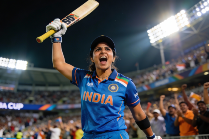 Pratika celebrates a historic moment for India with an aggressive batting pose