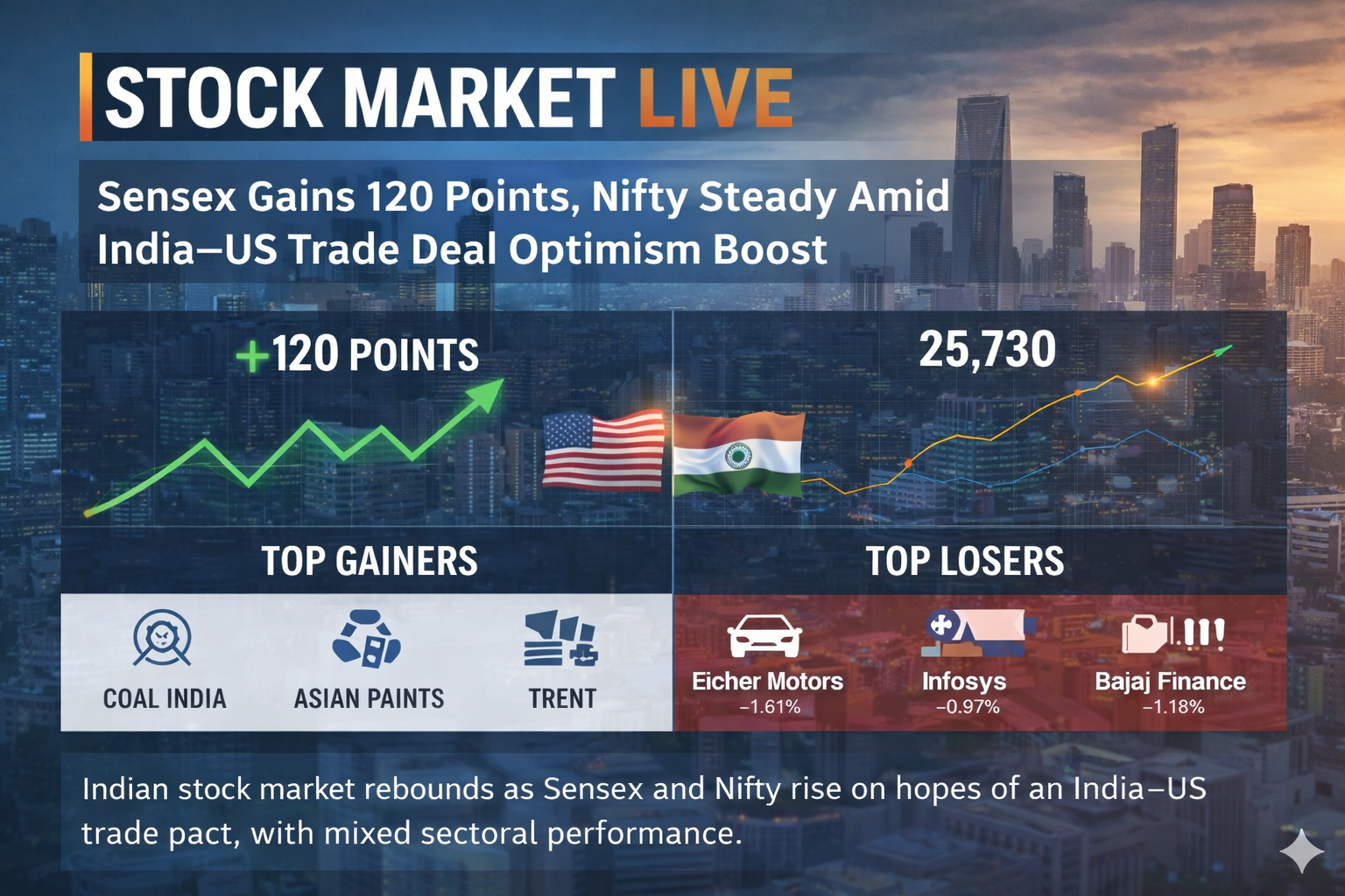 Stock Market LIVE showing Sensex up 120 points and Nifty near 25730 amid India&ndash;US trade deal optimism
